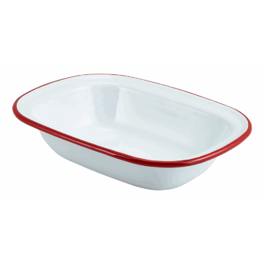 Enamel Rect. Pie Dish White with Red Rim 16cm